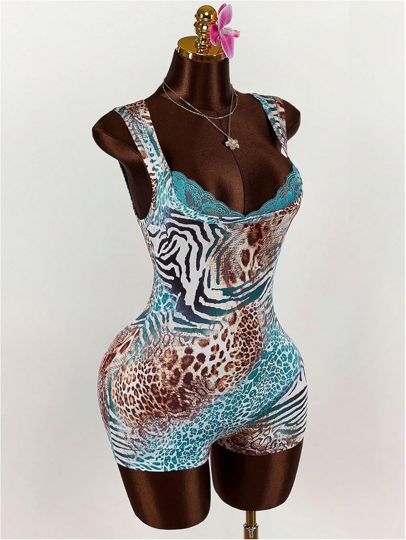 WDIRARA Women's Leopard Sleeveless Bodycon Romper Lace Trim Shorts Jumpsuits Unitards - Image 4